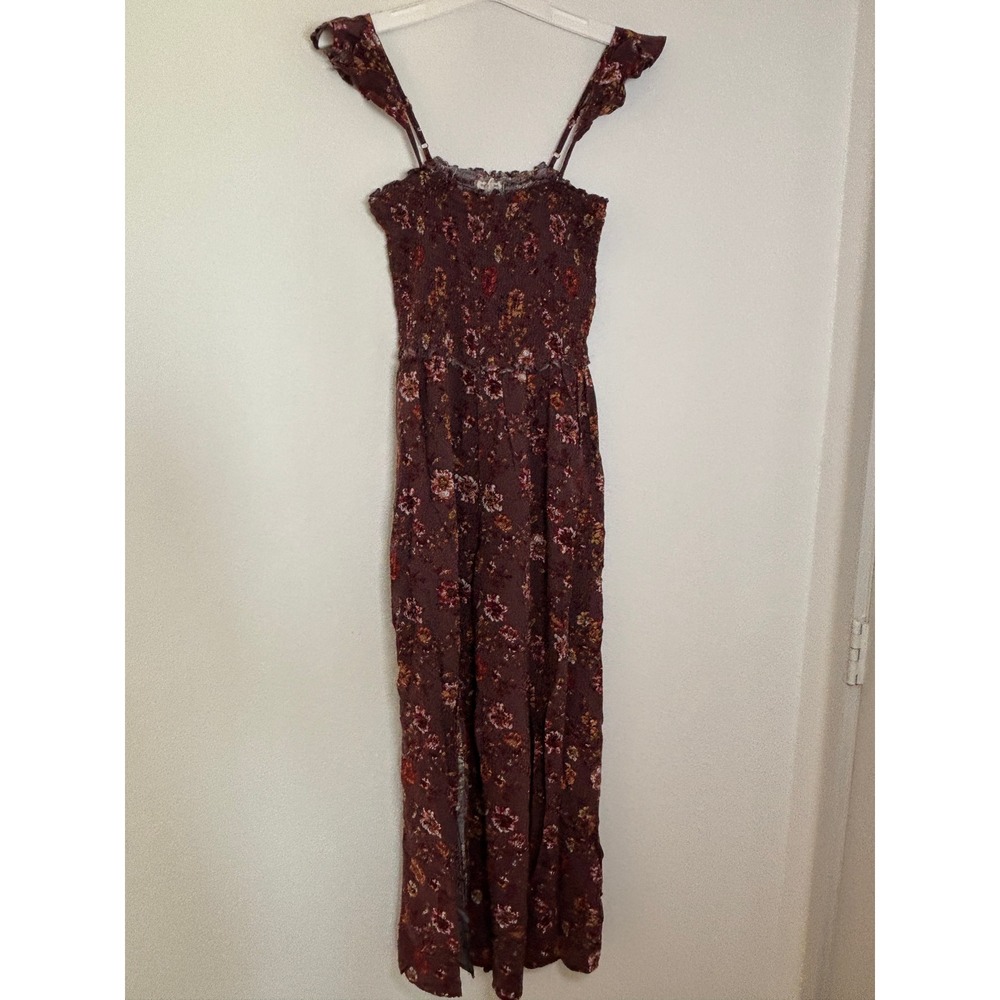 Eyeshadow Floral Smocked Wide Leg Jumpsuit Burgundy Ruffle Strap Large